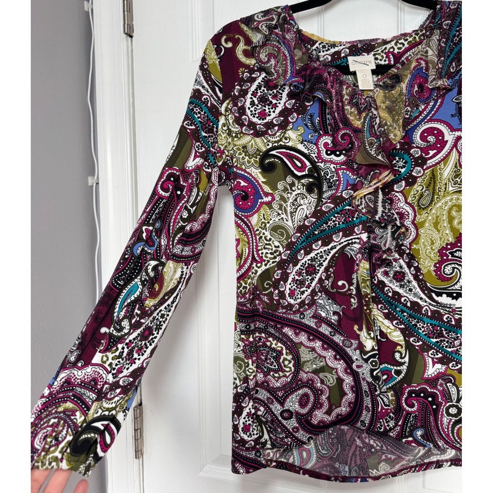 Chico's Sublime Paisley Ruffle V-Neck Blouse Long‎ Sleeve Boho Top 0 Small - Picture 7 of 12